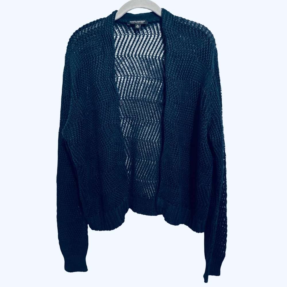Banana Republic Italian Linen Cardigan Women's XL Navy Open Knit Coastal Beachy